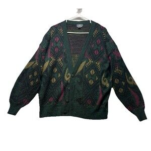VINTAGE Sir William Men Large Green Cardigan Button Up Abstract Grunge 90s